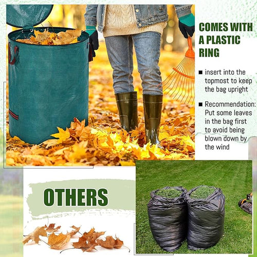 10 Pcs 106 Gallons Yard Waste Bags with Lid and 4 Pairs Gardening Coated Gloves Leaf Bags (h30" x D26") 4 Handles Large Waste Container for Lawn Yard Weed Leaf