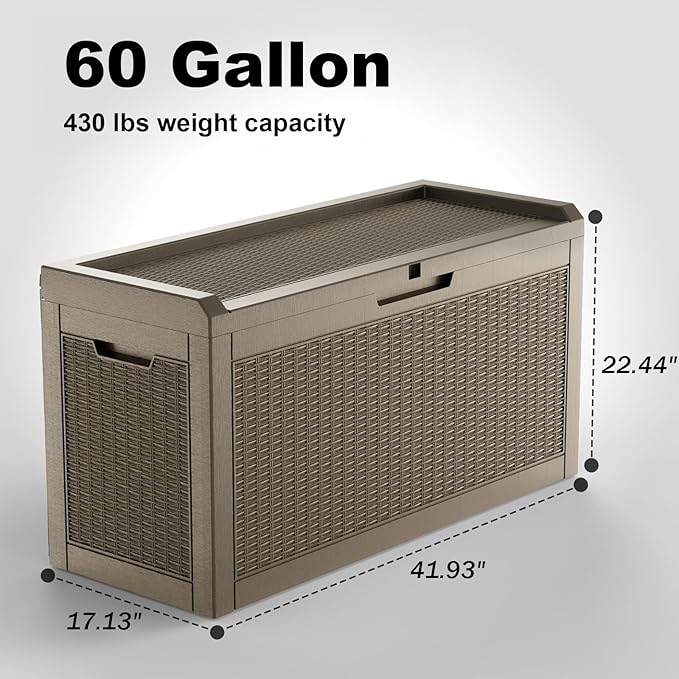 DRATO 60 Gallon Deck Box, Waterproof Resin Large Outdoor Storgae Box for Patio Furniture, Patio Cushions, Gardening Tools, Pool Supplies, Lockable