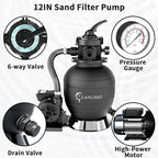 LANCHEZ 12'' Sand Filter Pump for Above Ground Pool, 1/3 HP, Max 2400 GPH for Pools Up to 7000 GAL, 6-Way Valve Pool Sand Filter System, Enhanced Circulation for Crystal-Clear Pool