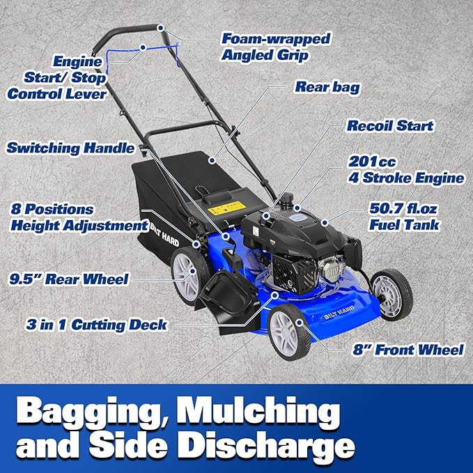 BILT HARD 21 Inch Lawn Mower Gas Powered, 4-Cycle 201cc Engine, 3-in-1 Push Lawnmower with Bagging, Mulching & Side Discharge, Adjustable 8-Positions Cutting Height, Easy Start
