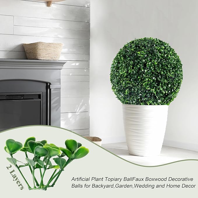 Ogrmar 2 PCS 17.7 inch 2 Layers Artificial Plant Topiary Ball Faux Boxwood Decorative Balls for Backyard, Balcony,Garden, Wedding and Home Décor (17.7 Inch)