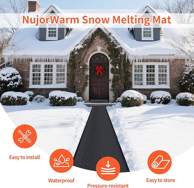 Snow Melting Mats for Roof Valley Walkways, Anti-Slip 120V Outdoor Heated Ice Removal, Roof Deicing System Black 19 in x 8 ft