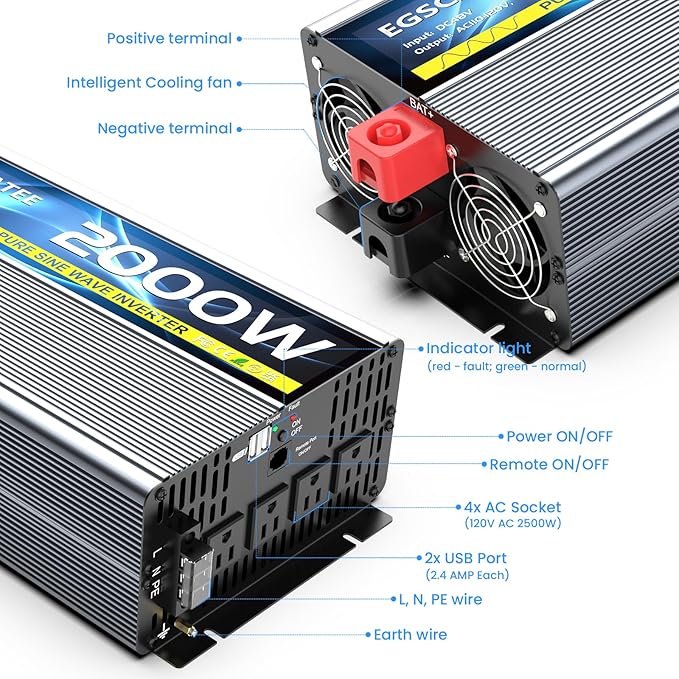 48V 2500W Pure Sine Wave Inverter 48V DC to 110V/120V AC Converter with 4AC Outlets, 5V/3.4A USB, Remote Control with on-Screen Display, Off-Grid Solar Power Inverter for Truck, Home, Vehicles, RV