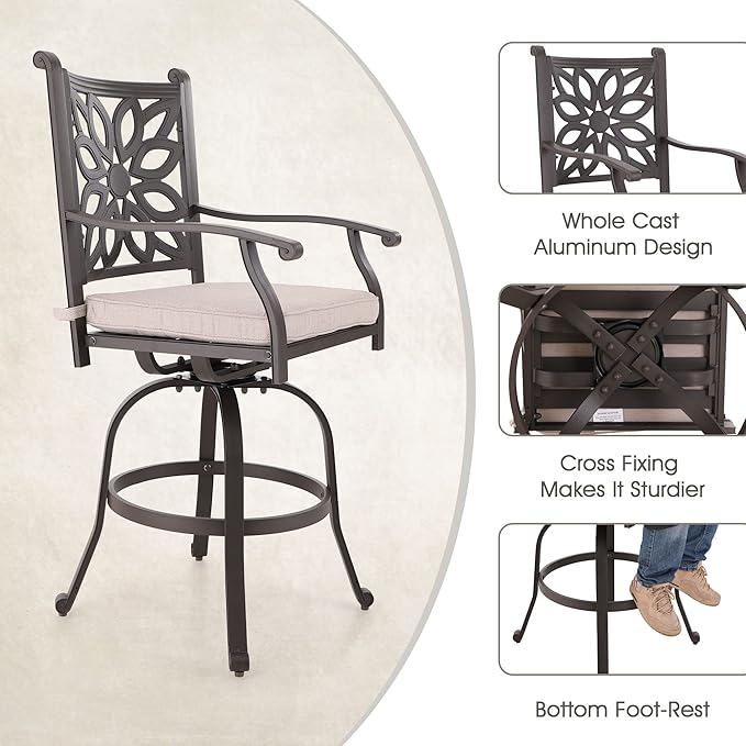 MFSTUDIO 3 PCS Retro Cast Aluminum Patio Bar Set with 2 Swivel Bar Height Stool and 1 Bar Round Table, All Weather Resistant Outdoor Table and Chairs Set