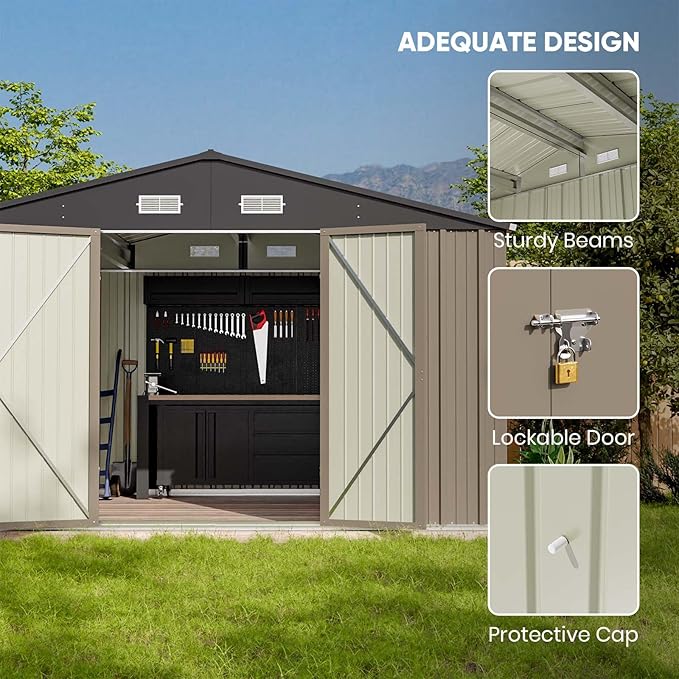 Patiowell 10 x 8 FT Outdoor Storage Shed with Floor Frame, Large Garden Tool Metal Shed with Sloping Roof and Double Lockable Door for Backyard Garden Patio Lawn,Brown