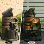 27.2''H Garden Fountains Outdoor Water Fountain,3 Tier Cascading Barrel Frog with LED Lights & Pump for Farmhouse Patio Yard Deck Home Lawn Porch House Decorations