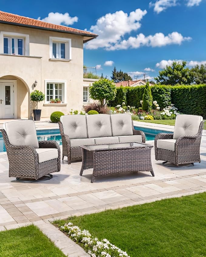 Luxury 22x24/22x25 6-Inch Outdoor Seat Cushions - Set of 2 Water Repellent Patio Chair Seat Comfortable Cushion for Rattan Dining Rocker Glider Chairs Loveseat Couch Sectional Sofa - Beige
