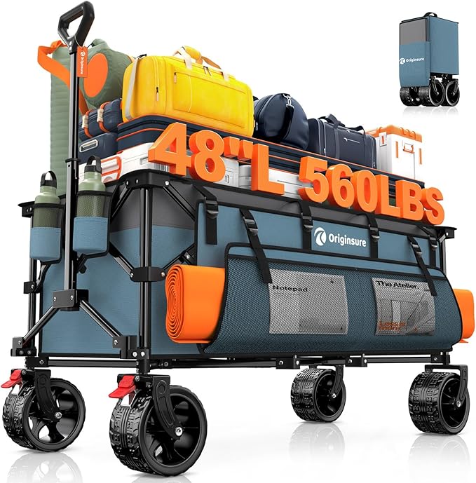 48" L Collapsible Wagon Cart Foldable, 560lbs Weight Capacity 300L Heavy Duty Folding Beach Wagons with Big All-Terrain Wheels, Utility Carts for Groceries, Shopping, Camping, Sports - Grey&Blue