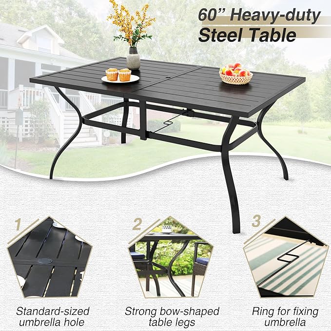 PHI VILLA 7 Piece Patio Dining Set with Umbrella, 60” Rectangular Metal Dining Table & 6 Stackable Metal Chairs & 13ft Large Red Umbrella for Outdoor, Deck, Yard, Porch