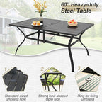 PHI VILLA 7 Pieces Patio Dining Set with Umbrella for 6, 60” Large Metal Iron Dining Table & Cushioned Rattan Wicker Chairs & 13ft Beige Umbrella for Patio, Deck, Yard, Porch