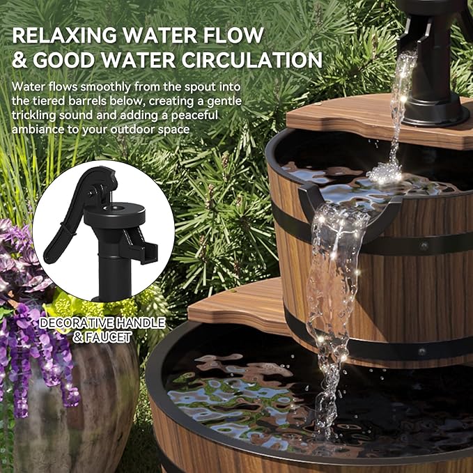 Aoxun 2-Tier Outdoor Water Fountain, Wood Barrel Cascading with Electric Decorative Hand Pump, Rustic Waterfall Fountain for Garden, Backyard, Patio, Porch, Yard