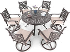 MFSTUDIO Retro Cast Aluminum Patio Dining Set with 6 Swivel & Rock Chair and 1 54" Round Outdoor Dining Table, Outdoor Table and Chairs Set of 6