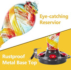 LUJII Hand Blown Glass Hummingbird Feeder for Outdoors Hanging with Ant Moat, 25 fl.oz, Leak Proof & Rustproof, Metal Base with 5 Feeding Ports & 5 Perches, Unique Garden & Backyard Decor (Ribbon)