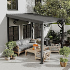Domi 8’ x 8’ Wall-Mounted Hardtop Gazebo Pergola – Permanent Lean-to Outdoor Shelter with Sloped Galvanized Steel Roof & Upgraded Drainage – Grey Metal Patio Cover for Backyard, Deck, Garden