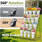 Flower Display Stand 4 Layers with 16 PCS Round Buckets, Plant Stand with Wheels, Movable Metal Plant Stand for Terrace Garden, Florist Shop