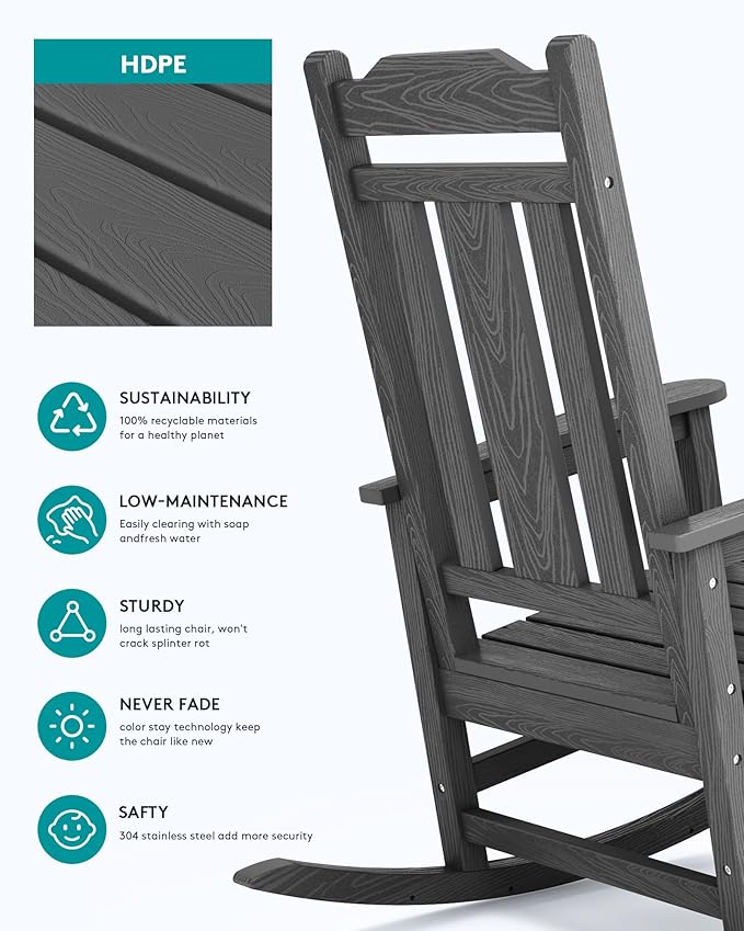 SERWALL HDPE Rocking Chair Set of 2, All Weather Patio Rocking Chair, HDPE Poly Rocking Chair for Adults, Heavy Duty Front Porch Rocker, Gray