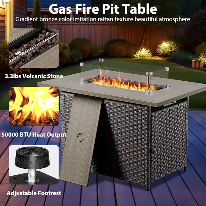 7 Piece Wicker Patio Furniture with Fire Pit Table - Outdoor Conversation Set with 50,000 BTU Fire Pit, All Weather Rattan Patio Set for Deck Backyard Garden - Brown Wicker Beige Cushion