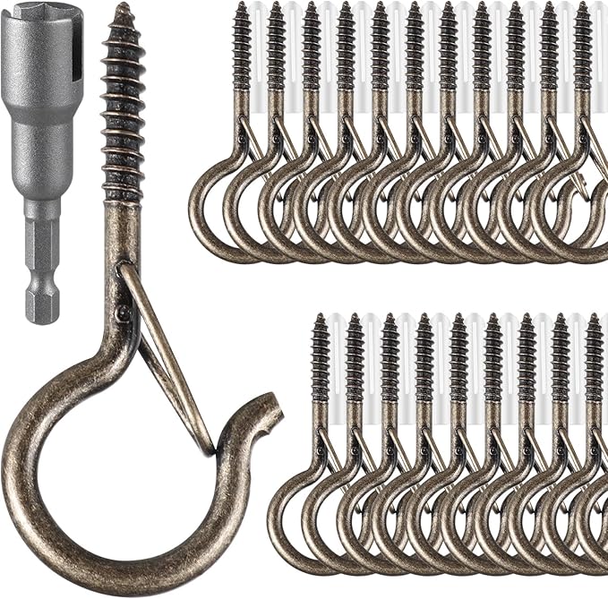 36 PCS Q-Hanger Hooks, Screw Hooks for Outdoor String Lights, Safety Buckle Design Cup Eye Hook for Hanging Christmas Lights, Plants, Mounted on Wall Ceiling, Include 1 Wing Nut Driver, Copper
