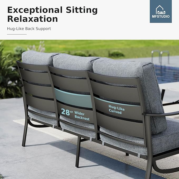 MFSTUDIO 6 Pieces Patio Furniture Sets with 45" Gas Fire Pit Table(Up to 7 Seat), Outdoor Metal Frame Patio Conversation Sofas with 1 x 3-Seat Sofa, 2 Sofa Chairs and 2 Ottoman, Grey Cushion