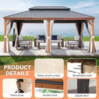 12' X 18' Double-Tier Hardtop Gazebo, Thermal Transfer Faux Wood Metal Gazebo with Galvanized Steel Roof Curtain and Netting, Permanent Gazebo Pavilion for Patio, Backyard, Deck, Lawn