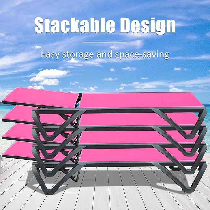 Domi Pool Lounge Chairs, Aluminum Patio Chaise Lounge with Side Table, Wheels, 5 Position Adjustable, All Weather Outdoor Lounge Chairs for Beach, Yard, Balcony, Poolside, Pink