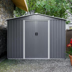 8X6 FT Outdoor Storage Shed with Roof,Waterproof House Tool Cabinet W/Metal Foundation & Lockable Doors,for Shovels,Umbrellas,Antennas,Escalators,Gray