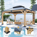 12x14 ft Cedar Wood Gazebo with Sunlight Roof &Storage Cabinet, Hardtop Gazebo with Galvanized Steel Double Roof, Heavy Duty Pavilion for Patio Lawn and Garden