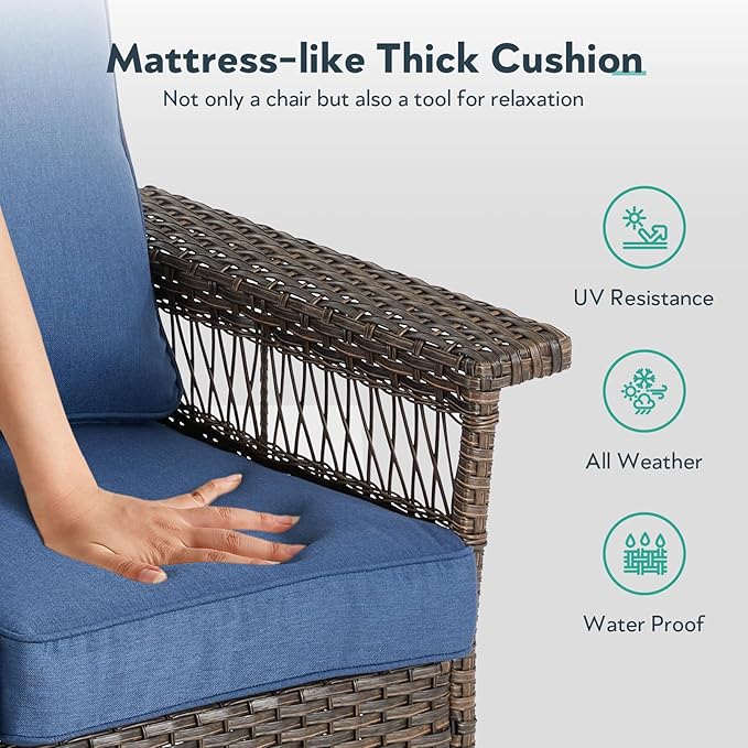 5 Pieces Wicker Patio Furniture Set - Hollow Widen Armrests Outdoor Swivel Glider Chairs and 3 Seat Sofa with Coffee Table & Side Table for Balcony Porch Deck and Yard - Brown/Blue