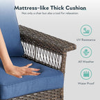 5 Pieces Wicker Patio Furniture Set - Hollow Widen Armrests Outdoor Swivel Glider Chairs and 3 Seat Sofa with Coffee Table & Side Table for Balcony Porch Deck and Yard - Brown/Blue