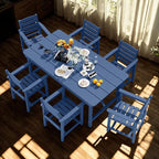 7 Piece Patio Dining Set with 11ft Patio Umbrella (Gray), 7 Navy Outdoor HDPE Dining Set with 6 Chairs + 1 Large Table with 2" Umbrella Hole, for Market, Pool, Garden, Backyard, Deck