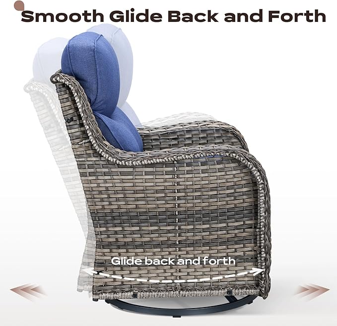 Rilyson 4 Piece Outdoor Patio Swivel Rocker Chairs, Waterproof Wicker, High Back, Deep Seating, Wide Armrest, Upgraded 6 inch Thick Cushions, Ideal for Deck Porch Backyard, Mixed Grey/Blue
