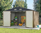 Greesum 10x8FT Outdoor Storage Shed, Utility Tool Shed Metal Storage Garden Shed with Door & Lock for Patio Storage, Brown