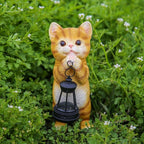 Solar Cat Garden Statue - Adorable Orange Tabby Figurine with Vintage Lantern for Outdoor Decor