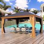 YOLENY 12' x 16' Hardtop Gazebo, Wood Looking Gazebo with Aluminum Frame and Single Galvanized Steel Roof, Outdoor Permanent Metal Pavilion with Curtains and Nettings for Deck, Backyard and Patio
