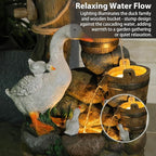 4-Tiers Cascading Outdoor Water Fountain, 31.9'' Tall Duck & Wooden Bucket Stump Waterfall Garden Fountains with LED Lights & Pump Water Feature Resin for Patio, Deck, Yard, Home Decor