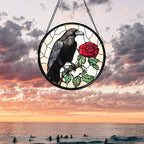 Stained Glass Window Hanging - Black Crow Red Rose Suncatcher for Doors Garden Patio Bird Sun Catchers Decor Christmas Mother's Day Birthday Gifts for Women Men Mom Nana Friend 6.3 in