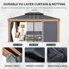 YOLENY 12'x16' Hardtop Gazebo, Galvanized Steel Double Roof with Wood-Looking Aluminum Frame, Outdoor Permanent Metal Pavilion with Curtains and Nettings for Patio, Backyard and Deck