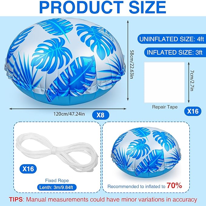 8pcs 4ft Pool Pillows for Above Ground Pools, Cover Balloon Winterizing Inflatable Air Pillow Float with Ropes PVC Ice Equalizer Closing Winter Swimming Ball Accessories