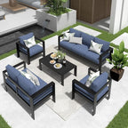 Solaste Aluminum Patio Furniture Set for All Weather, Modern Metal Outdoor Furniture Set with 27.5" Deep Seating and 3.2" Wide Armrest, Outdoor Patio Conversation Set with 5" Cushion, Black and Blue