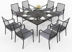 HERA'S HOUSE Metal Patio Table and Chairs Set for 8, Outdoor Dining Set 9 Pieces, 60" Square Table with Cushioned Armrest Chairs for Garden Backyard with Umbrella Hole
