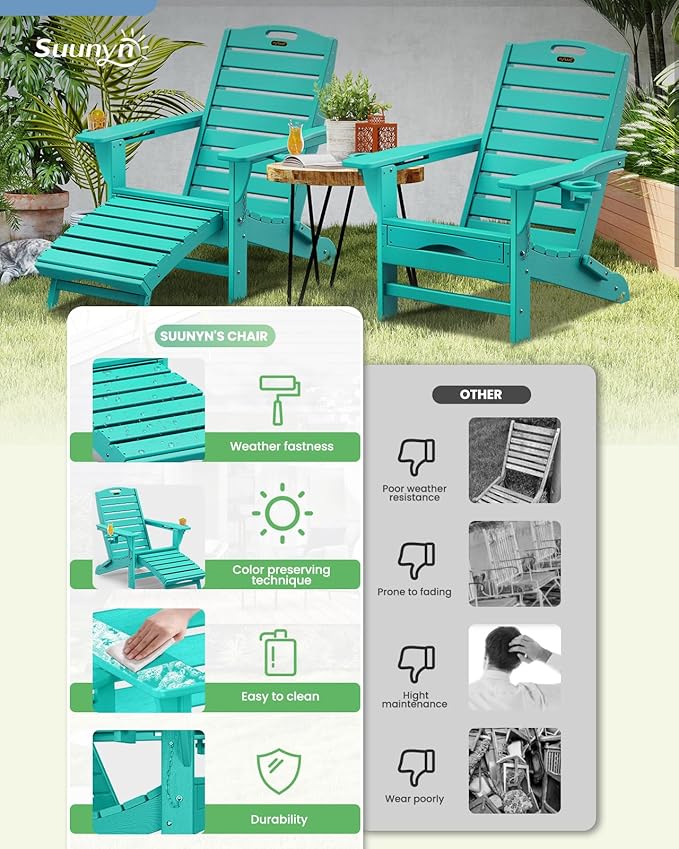 Folding Adirondack Chairs Set of 6,Adirondack Chair with Retractable Ottoman,Plastic Adirondack Chairs with 2 Cup Holder,Weather Resistant Patio Chair,Outdoor Chairs Set of 6(Lake Blue)