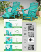Folding Adirondack Chairs Set of 2,Adirondack Chair with Retractable Ottoman,Plastic Adirondack Chairs with 2 Cup Holder,Weather Resistant Patio Chair,Outdoor Chairs Set of 2(Lake Blue)