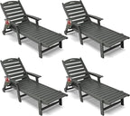 Patio Chaise Lounge Chair Set of 4, HDPE Outdoor Lounge Chairs with 5-Position Adjustable Backrest, Cup Holder and Wheels, 450lbs Capacity for Poolside Deck Backyard, All Weather Material(Gray)
