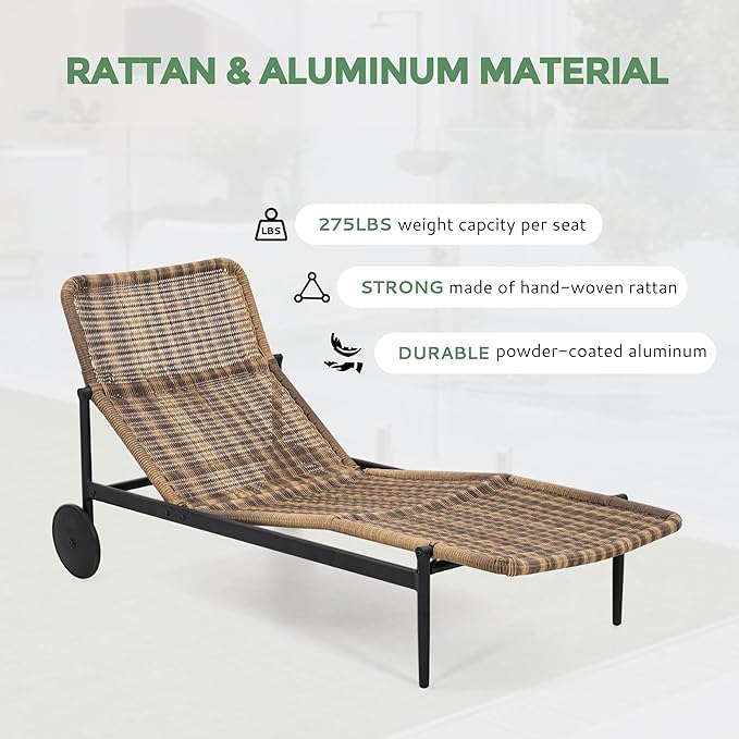Chaise Lounge Chair Outdoor 3PCS - PE Rattan Wicker Patio Pool Lounge Chairs Set of 2 with Cushion and Wheels, Aluminum Waterproof Lounger with Wood Side Table for Poolside Backyard Porch
