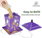 Kingsyard Metal Bird Feeder for Outdoor Hanging - Unique Design Wild Bird Hopper Feeder with 4 Perches and Rainproof Roof, Purple