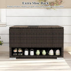 Tangkula 48 Gallon Rattan Outdoor Storage Box with Shoe Rack, Outdoor Storage Bin with Protective Liner, PE Wicker Deck Box for Patio Cushion Furniture, Pool Supplies and Garden Tools (48 Gallon)