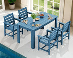 SERWALL HDPE Dining Set for 4, Outdoor Dining Sets for 4 Person with 1 Umbrella Hole Cut-Out Rectangular Table and 4 Chairs, Patio Dining Sets Blue