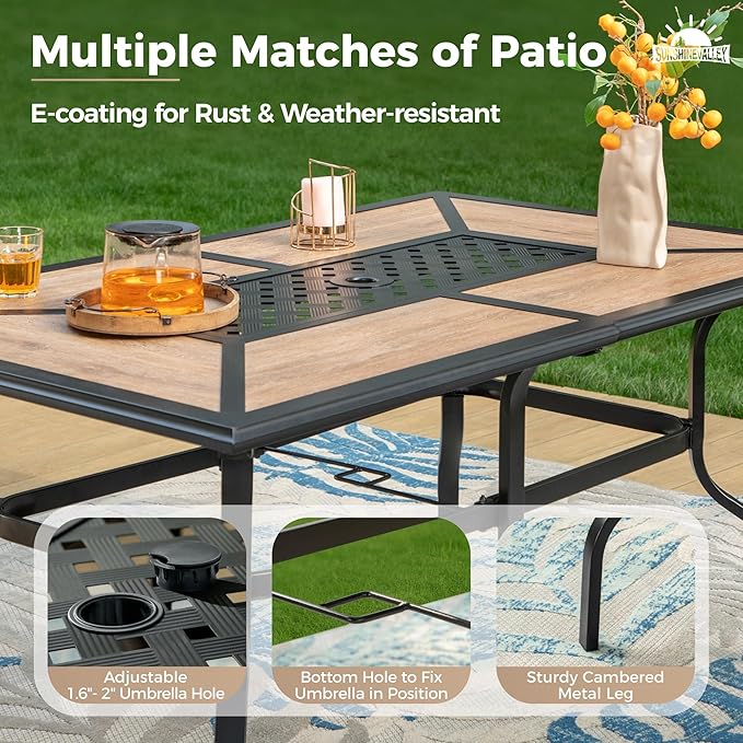 7 Pcs Patio Dining Set for 6, Metal Rectangular Dining Table (PVC Table Top) with Umbrella Hole and 6 Chairs, Outdoor Dining Set for Lawn Garden Deck, Blue