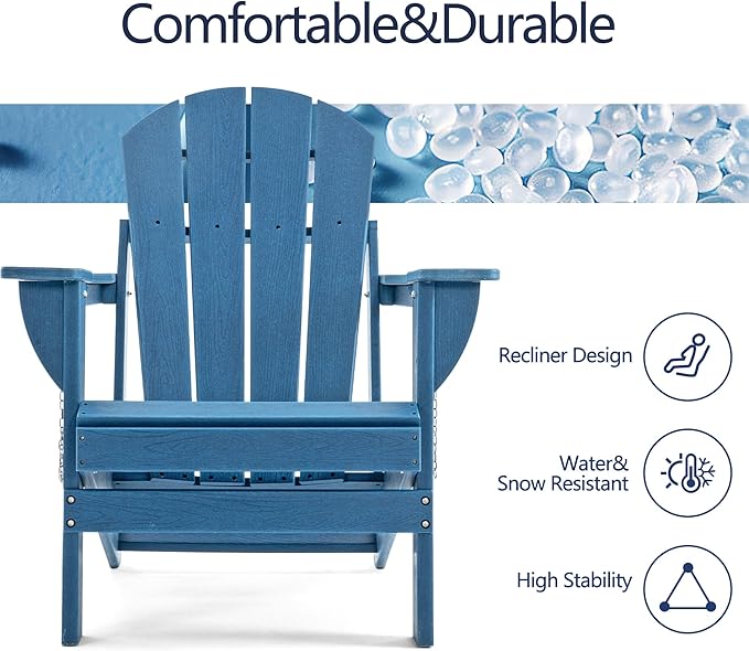 Folding Adirondack Chair, HDPE Outdoor Texture Lawn Chair with Reclining Back, Cup and Phone Holder - Comfortable Firepit Chair Weather Resistant for Patio or Backyard (Blue, Set of 2)