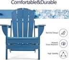 Folding Adirondack Chair, HDPE Outdoor Texture Lawn Chair with Reclining Back, Cup and Phone Holder - Comfortable Firepit Chair Weather Resistant for Patio or Backyard (Blue, Set of 4)